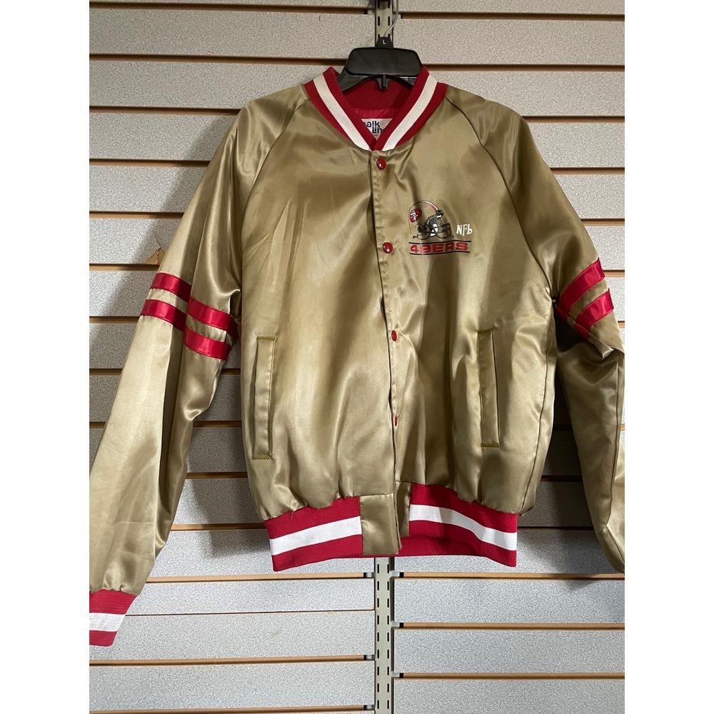 Vintage Chalk Line NFL 49ers Satin Bomber Jacket Gold Red Mens Small 80's Footba